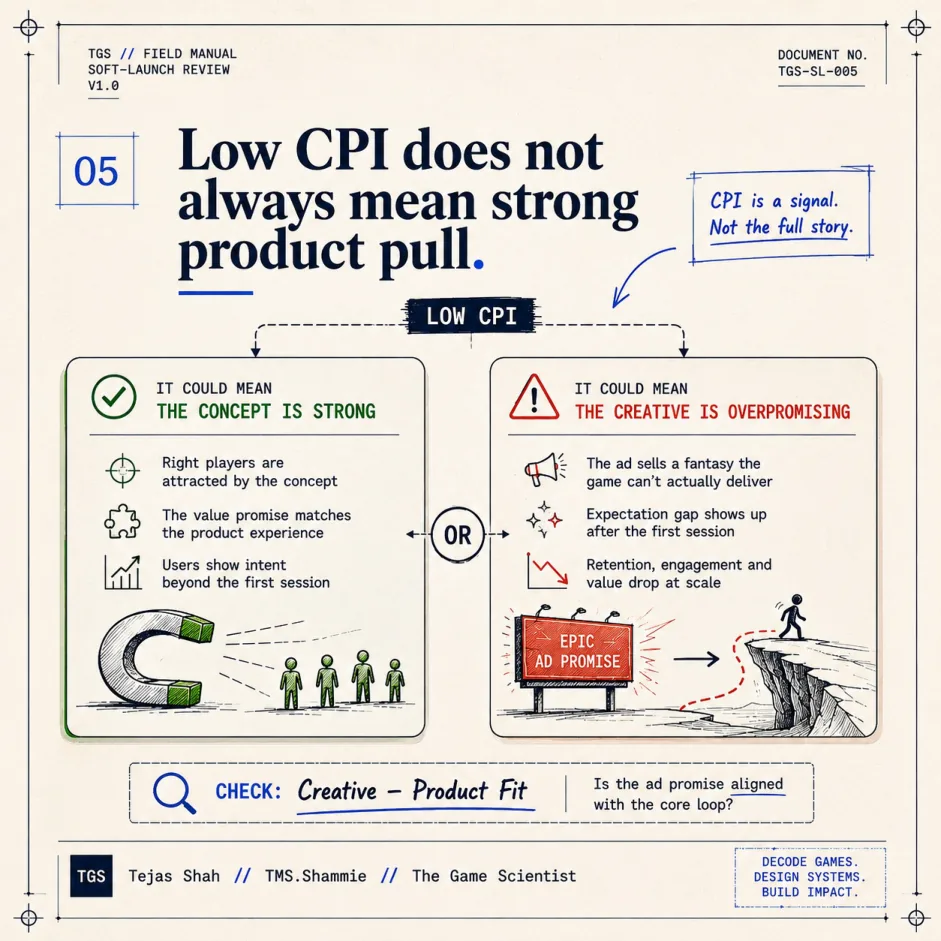 Low CPI does not always mean strong product pull — check: is the creative aligned with the same core loop the game actually delivers?