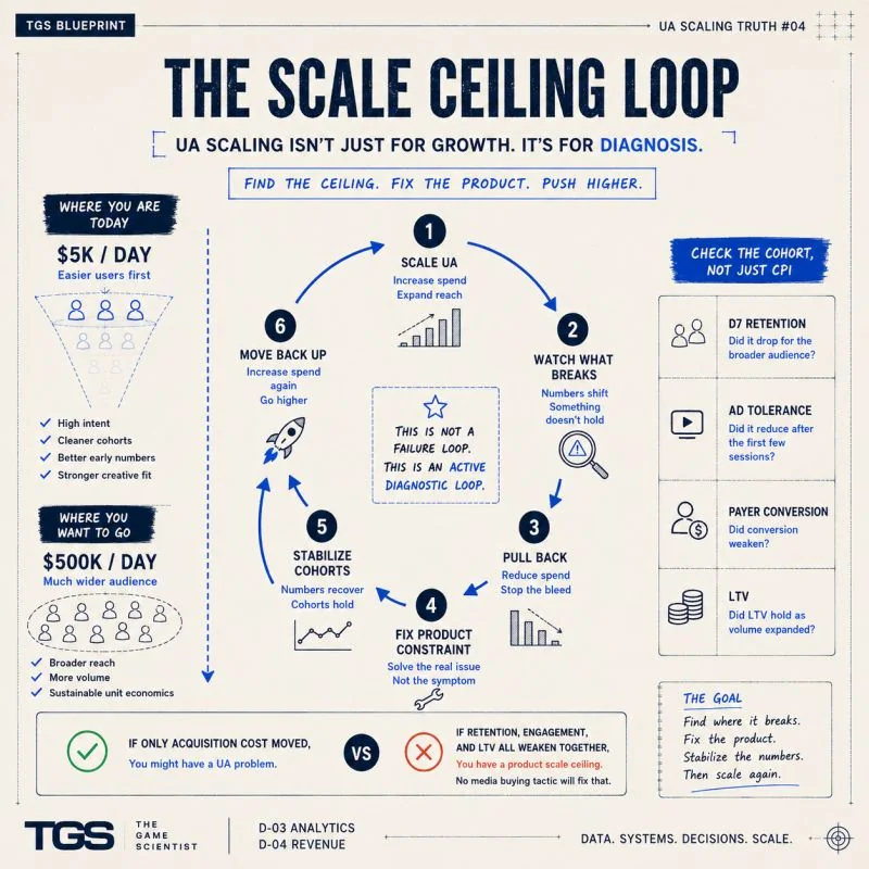 The Scale Ceiling Loop — 6-step active diagnostic loop: Scale UA → Watch What Breaks → Pull Back → Fix Product Constraint → Stabilize Cohorts → Move Back Up. Check the cohort, not just CPI: D7 retention, ad tolerance, payer conversion, LTV.